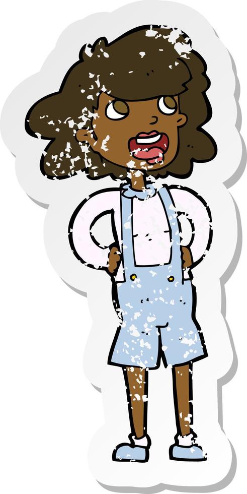 retro distressed sticker of a cartoon woman in dungarees vector