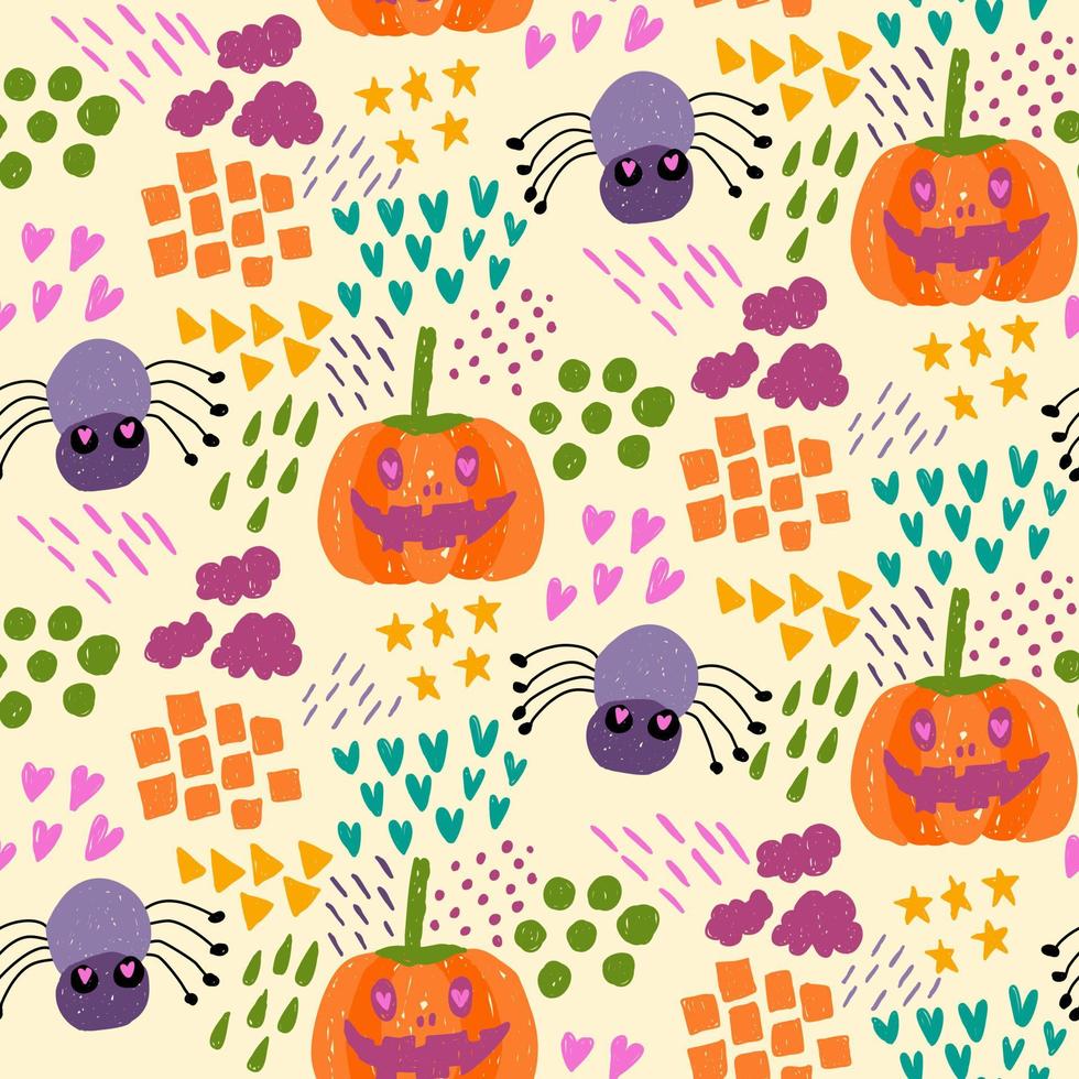 Inspired by children's cartoon drawing style. Seamless pattern for Halloween decorations. Hand drawn pumpkin and spider vector. vector