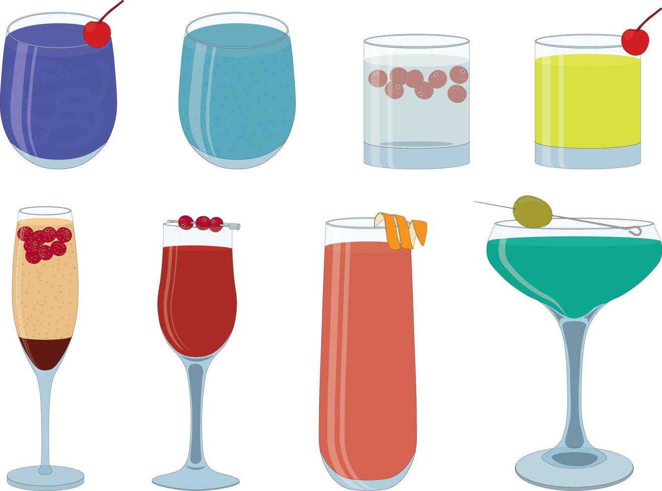 Alcohol cocktails collection in various glasses vector illustration