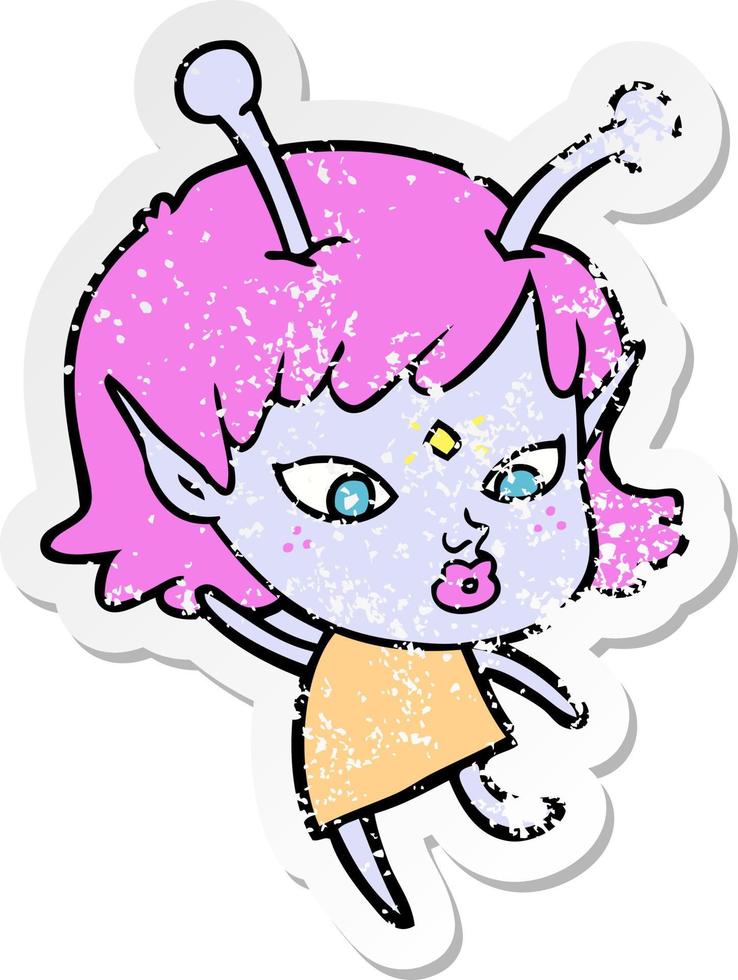 distressed sticker of a pretty cartoon alien girl dancing vector