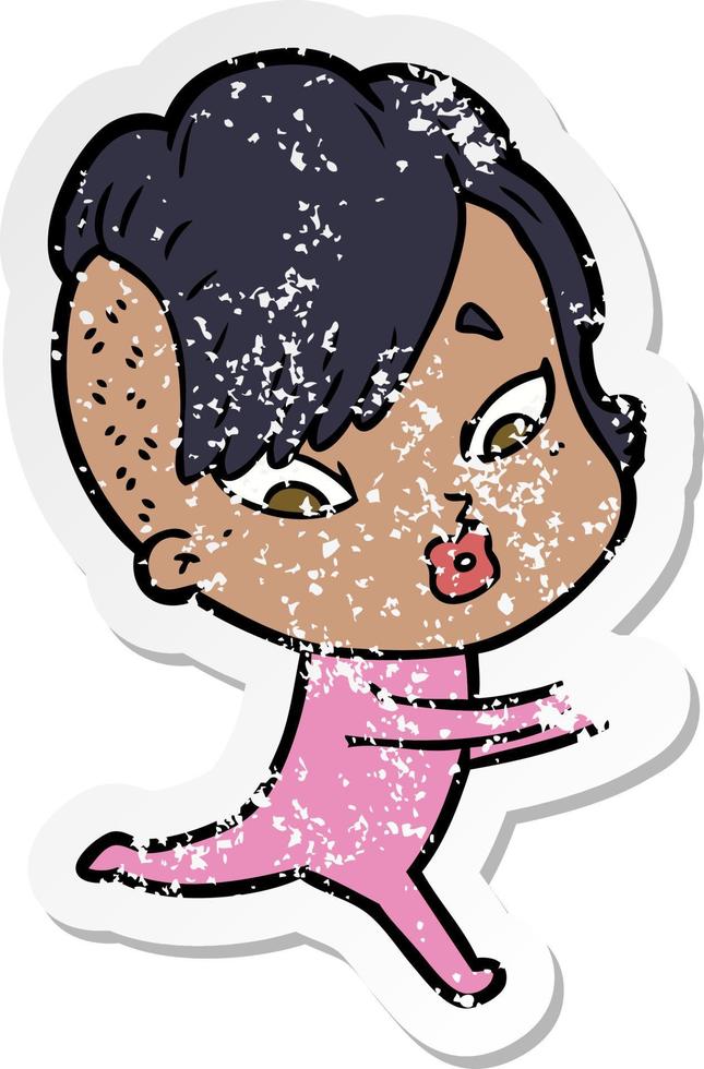 distressed sticker of a cartoon surprised girl vector