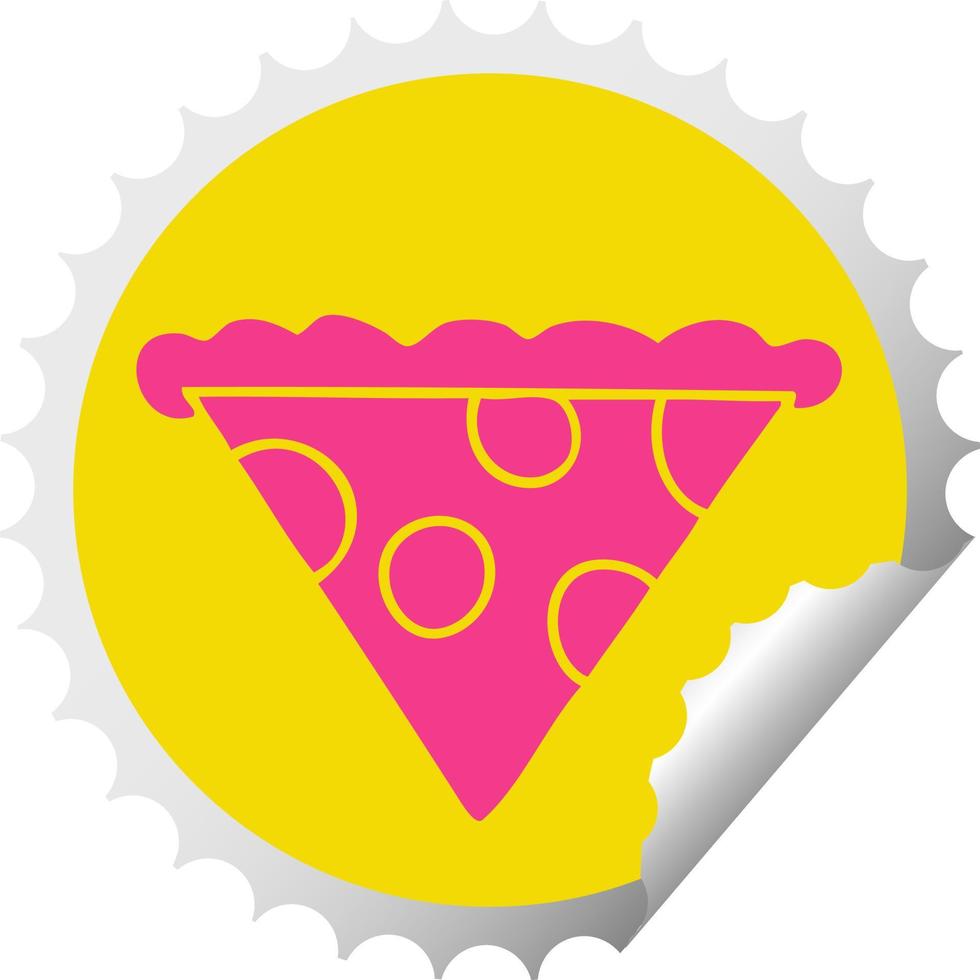 quirky circular peeling sticker cartoon slice of pizza vector