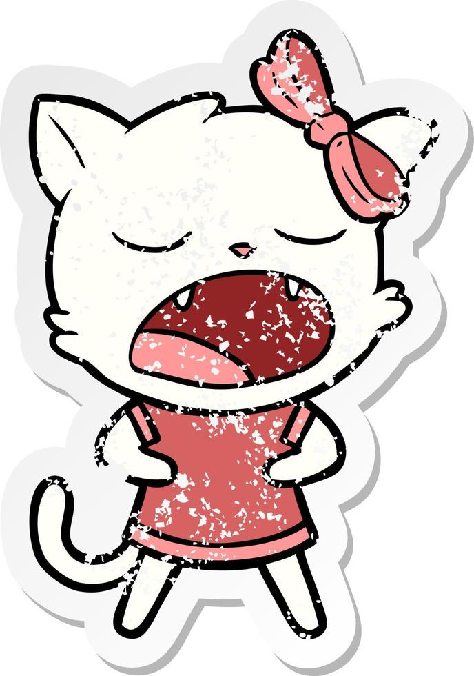 distressed sticker of a cartoon yawning cat vector