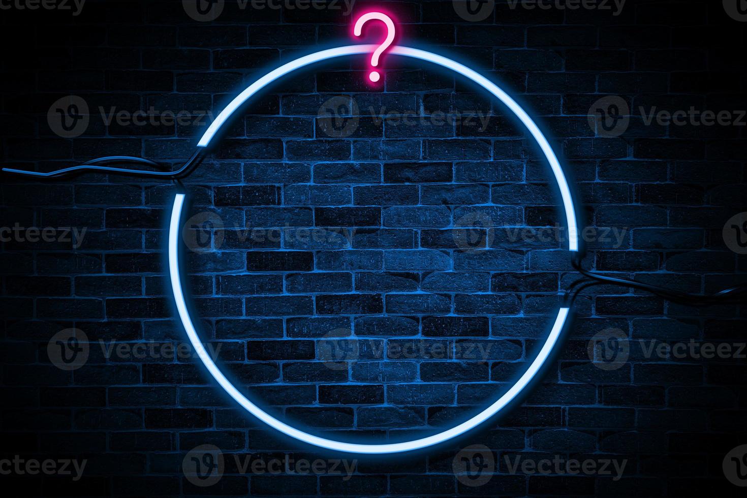 Question sign symbol neon banner on brick wall background with copy space. photo