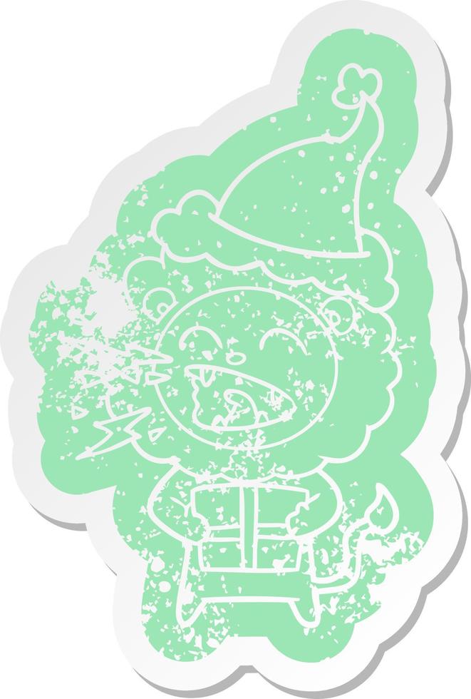 cartoon distressed sticker of a roaring lion with gift wearing santa hat vector