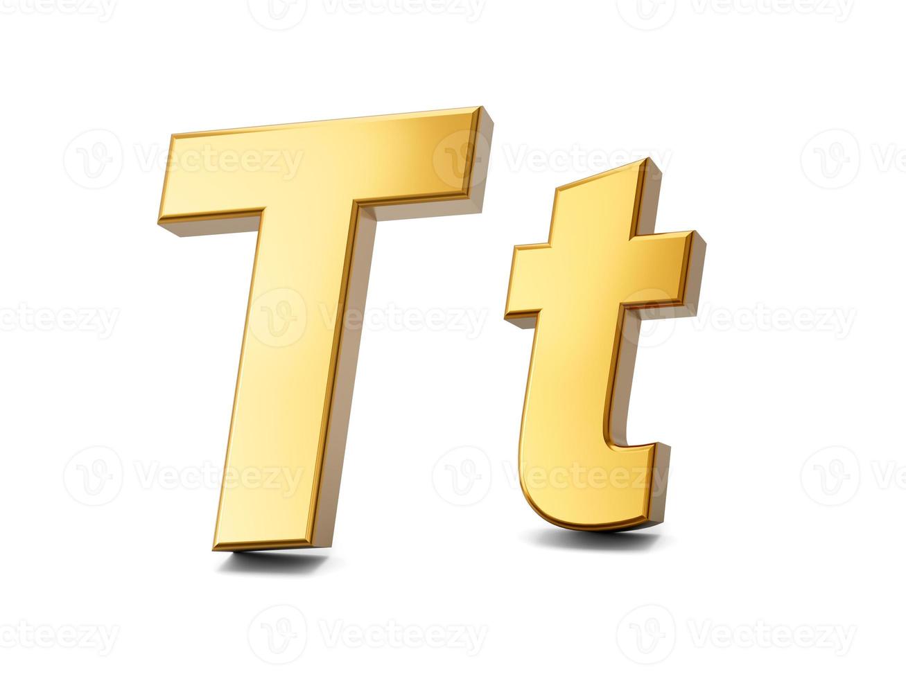 3d letter T in gold metal on a white isolated background, capital and small letter 3d illustration photo