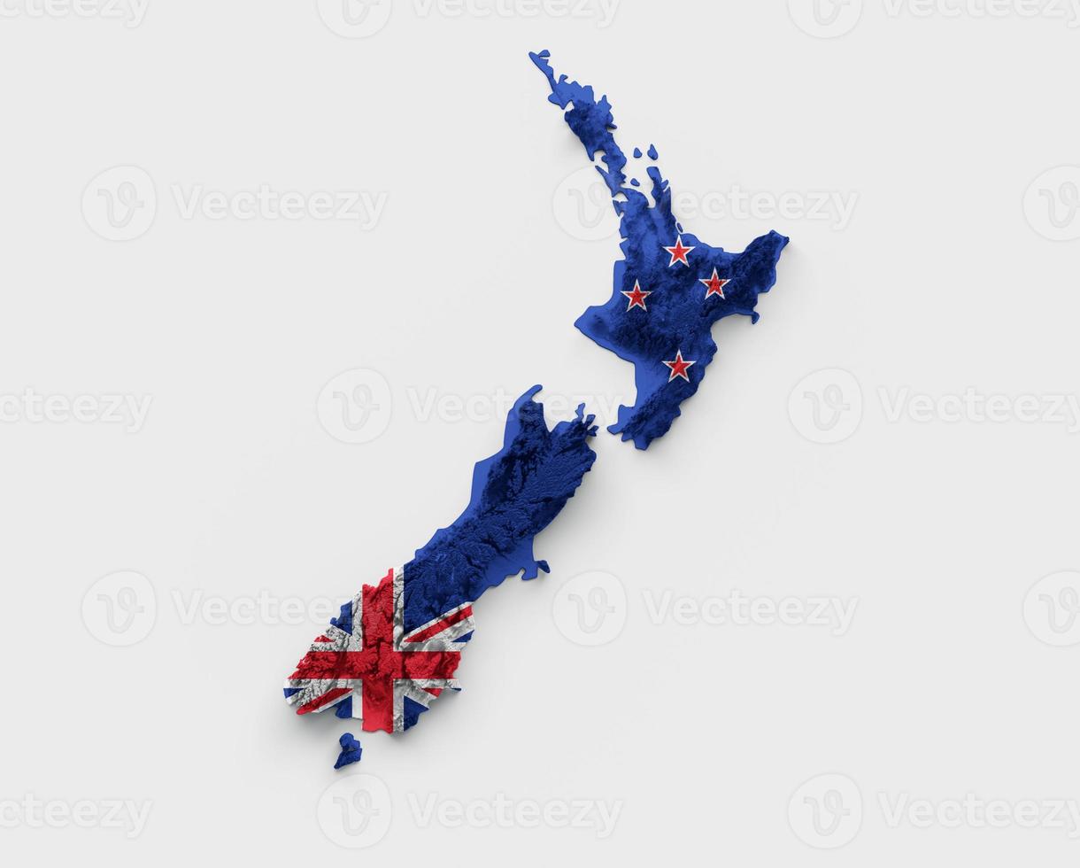 New Zealand Map Flag Shaded relief Color Height map on white Background 3d illustration photo