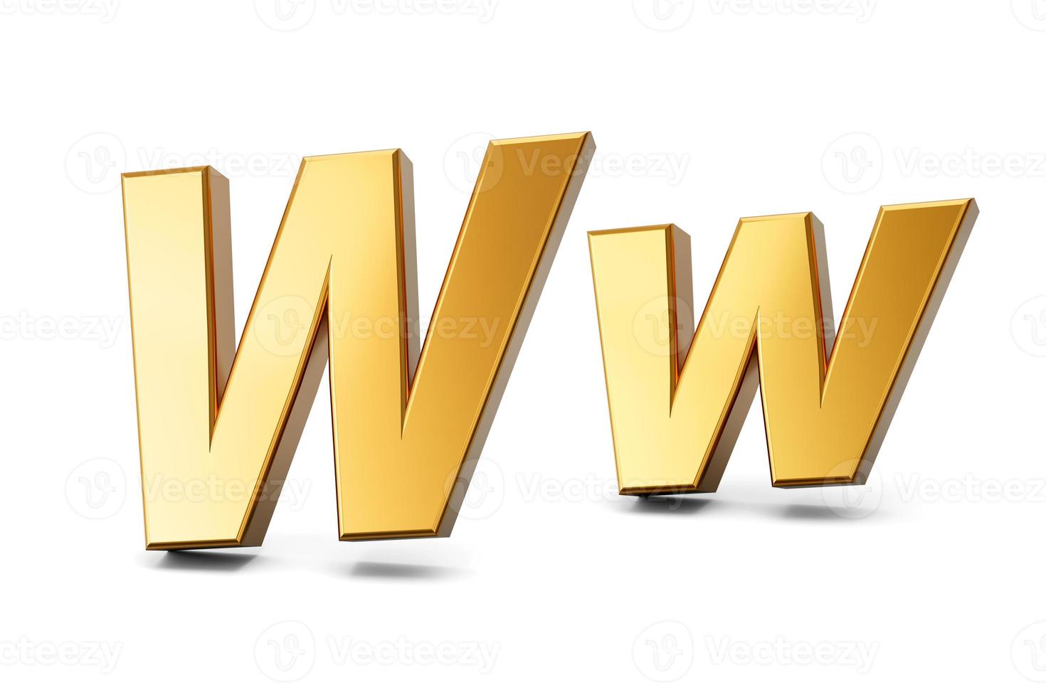 3d letter w in gold metal on a white isolated background, capital and small letter 3d illustration photo
