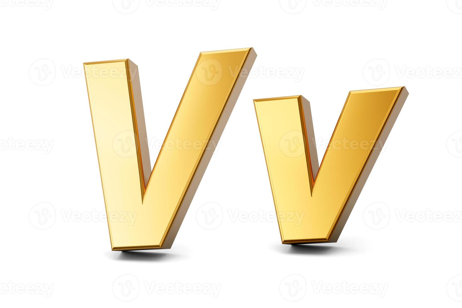 3d letter V in gold metal on a white isolated background, capital and small letter 3d illustration photo