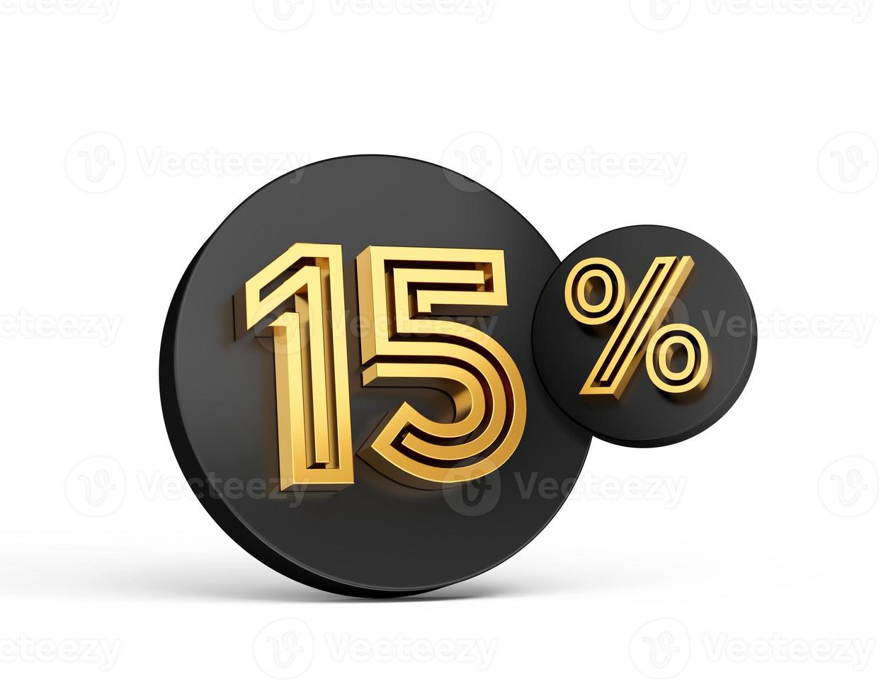 Royal Gold Modern Font. Elite 3D Digit Letter 15 Fifteen percent on Black 3d button icon 3d Illustration photo