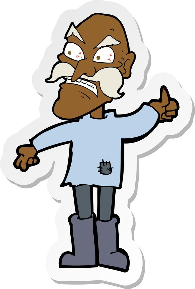 sticker of a cartoon angry old man in patched clothing vector