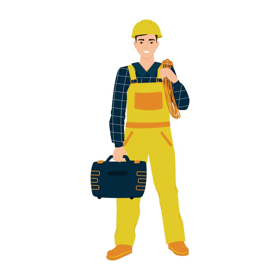 Builder in uniform with suitcase and cable in hands. Vector illustration in flat style