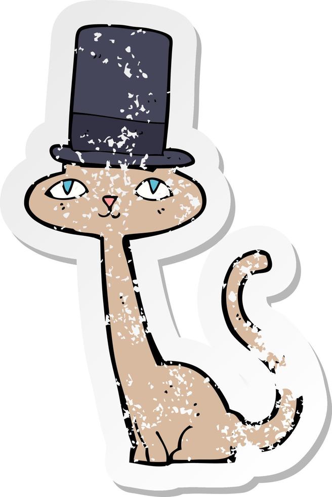 retro distressed sticker of a cartoon cat in top hat vector