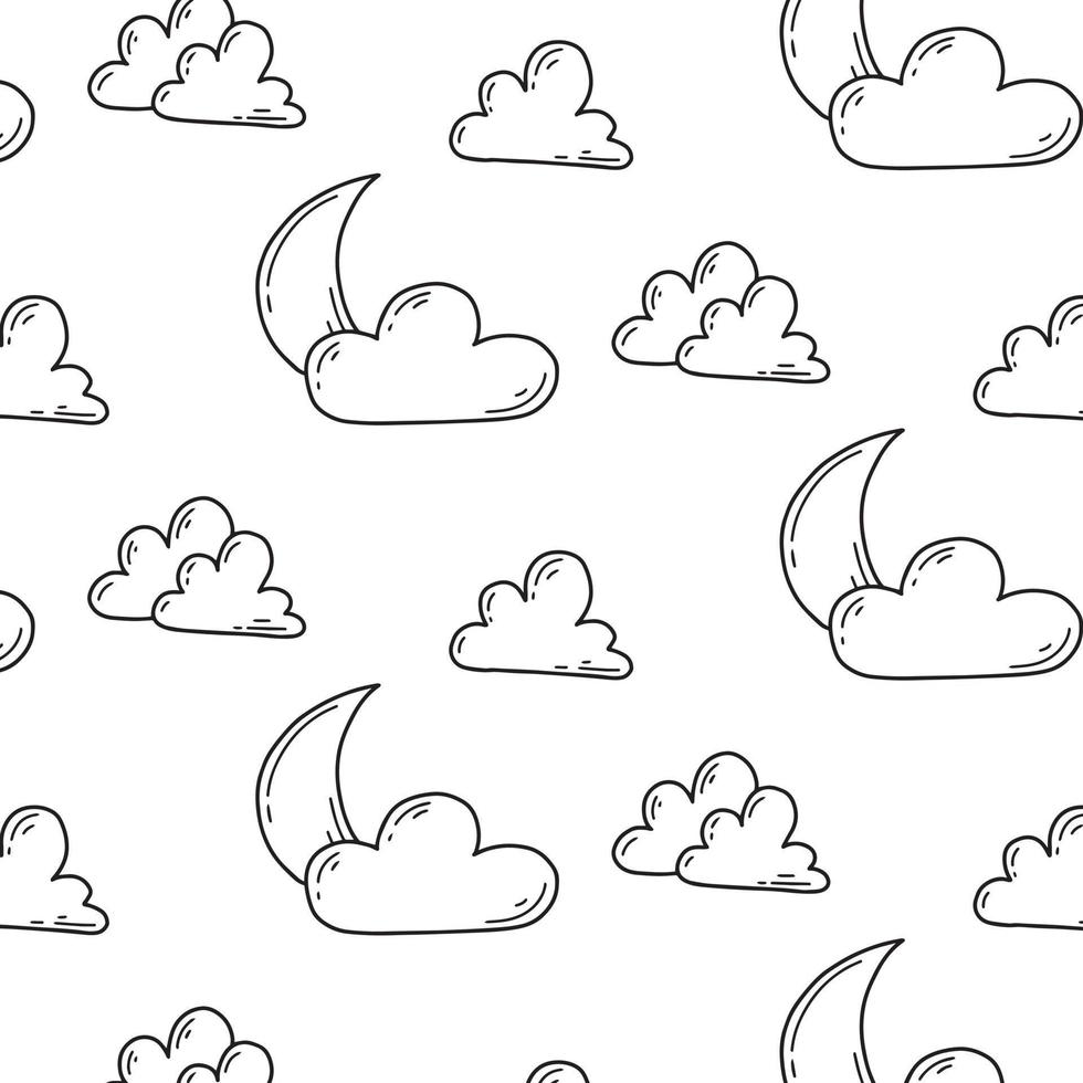Seamless pattern with moon and clouds. Good night print. Doodle style. Vector illustration.Children's pattern.