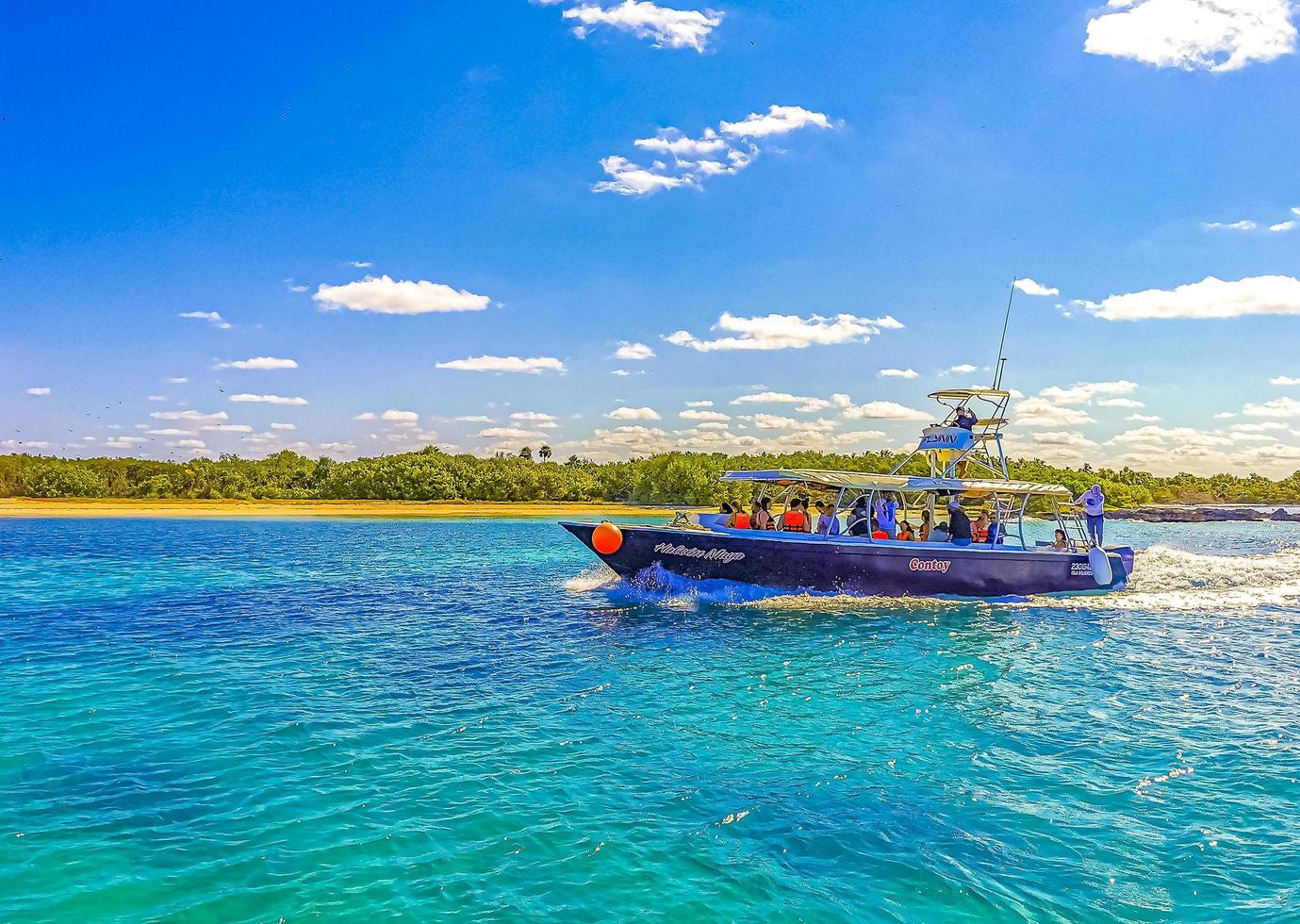 Island Contoy Quintana Roo Mexico 2022 Beautiful tropical natural palm tree boat jetty Contoy island Mexico. photo