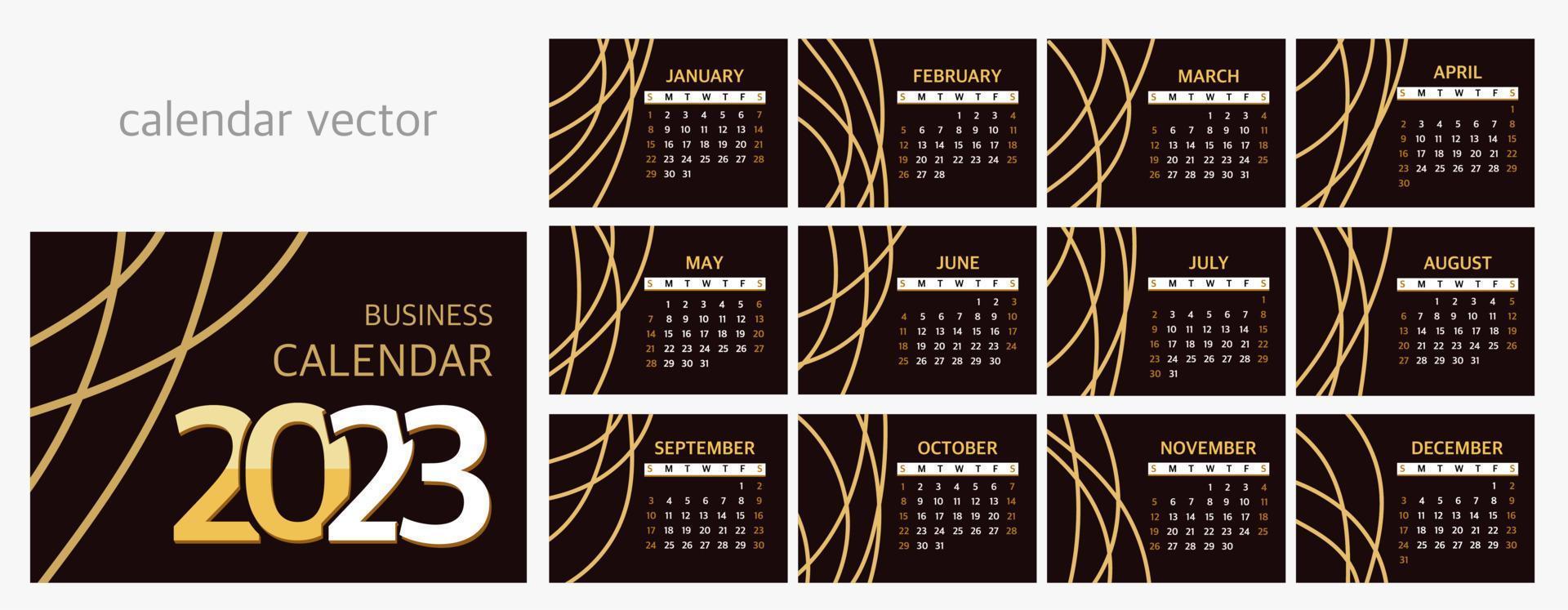 Calendar 2023 Planner template, the beginning of the week on Sunday. Vector illustration on a black background