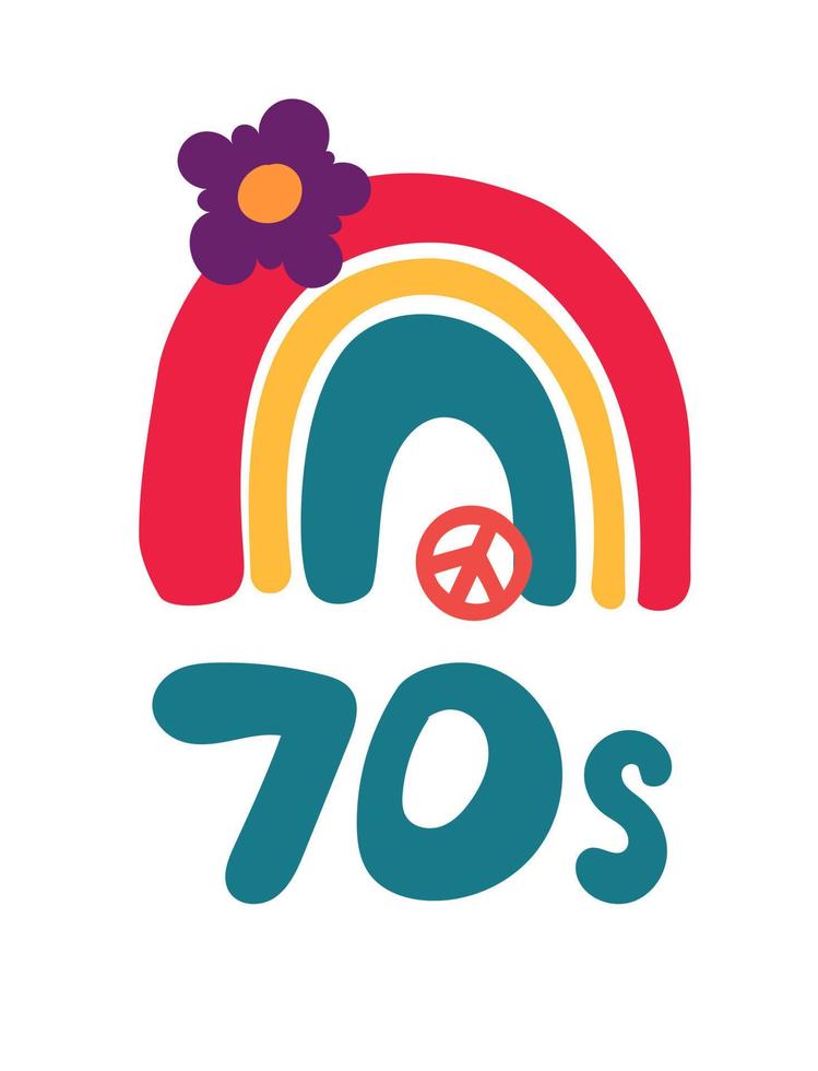 Lettering with a rainbow pattern in the retro style of the 70s. Good vibes multicolored inscription. Vector illustration