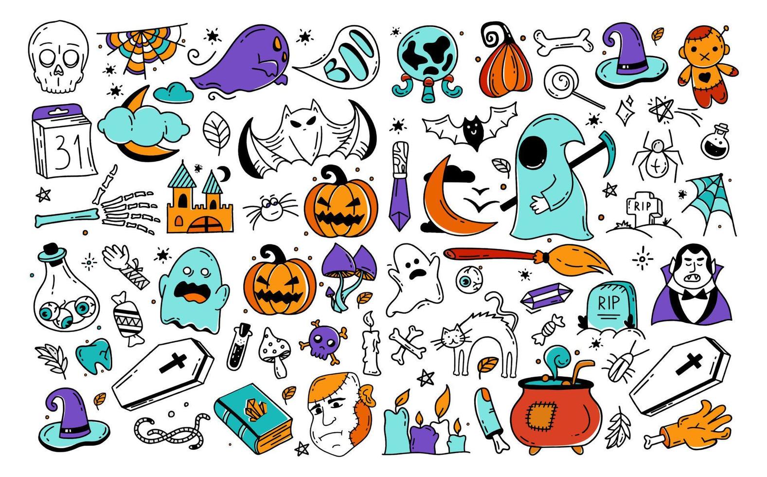 gran conjunto de elementos de halloween estilo doodle ilustración de diseño vectorial aislado sobre fondo blanco vector