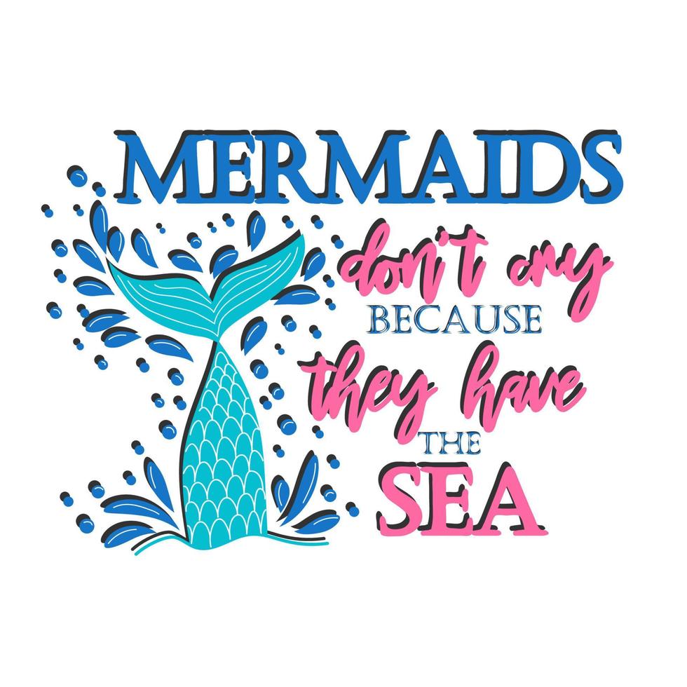 Mermaid card with hand drawn sea elements and lettering. Calligraphy summer quote with seashells, hearts and pearls. Summer print vector