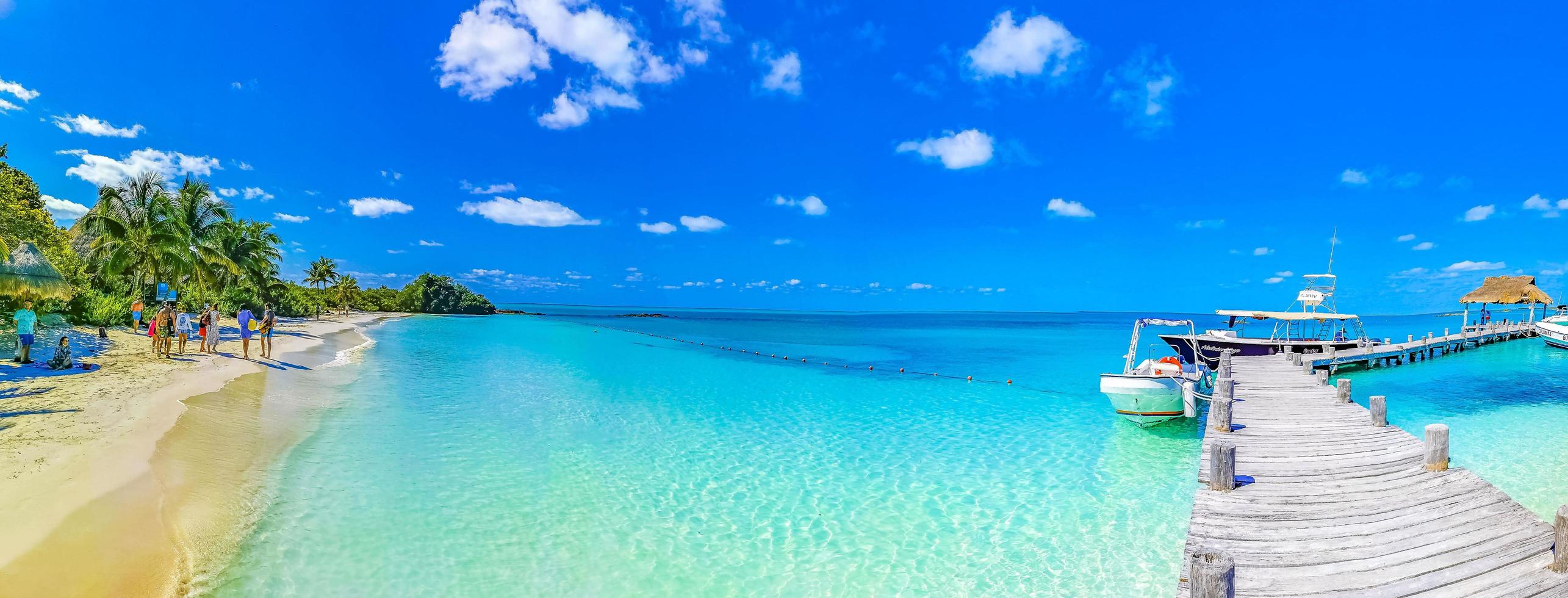 Island Contoy Quintana Roo Mexico 2022 Beautiful tropical natural palm tree boat jetty Contoy island Mexico. photo