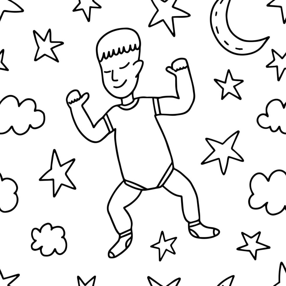 Hand drawn baby sleeping seamless pattern. Doodle vector toddler slepping with clouds and stars