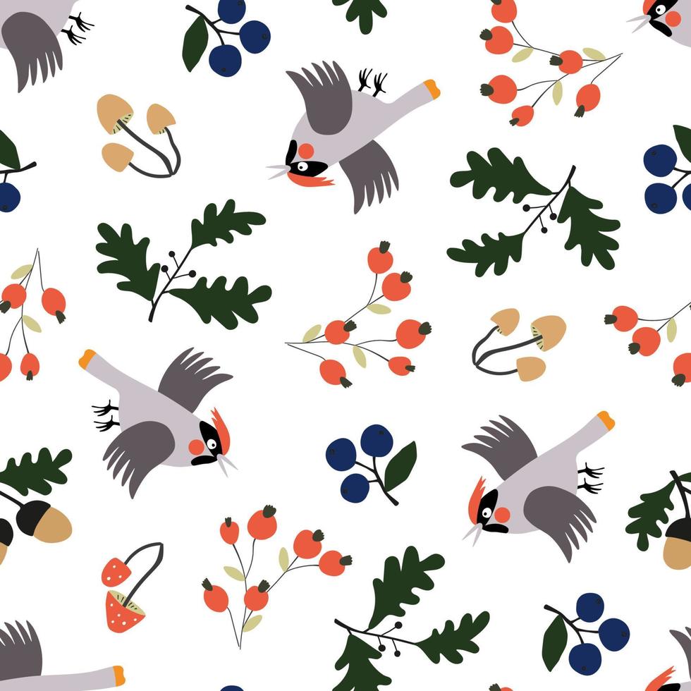 Seamless autumn pattern with waxwing birds, berries and mushrooms isolated on a white background. Fall graphic print. vector