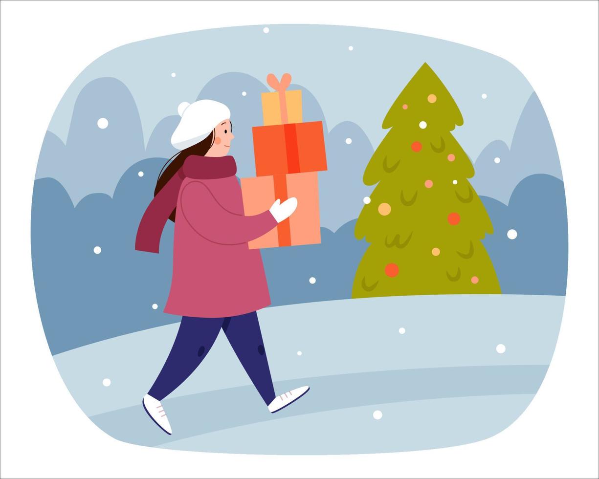 la niña lleva regalos para navidad. una mujer camina con regalos en las manos. escena navideña de invierno con árbol de navidad y regalos. vector