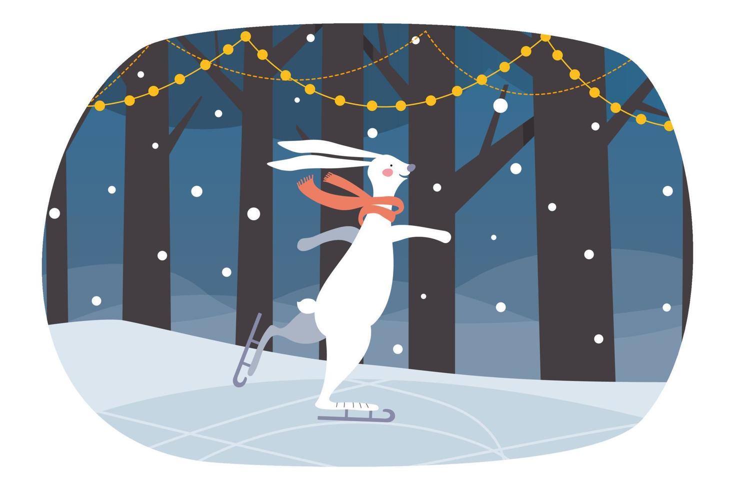 Cute white hare in a red scarf is skiing in winter forest. Bunny skiing in the Christmas park. Vector illustration for children.