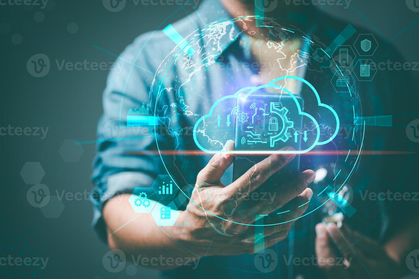 businessman using smartphone Login to cyberspace through secure online technology and password protection and authentication to verify privacy. Access to cybersecurity information photo