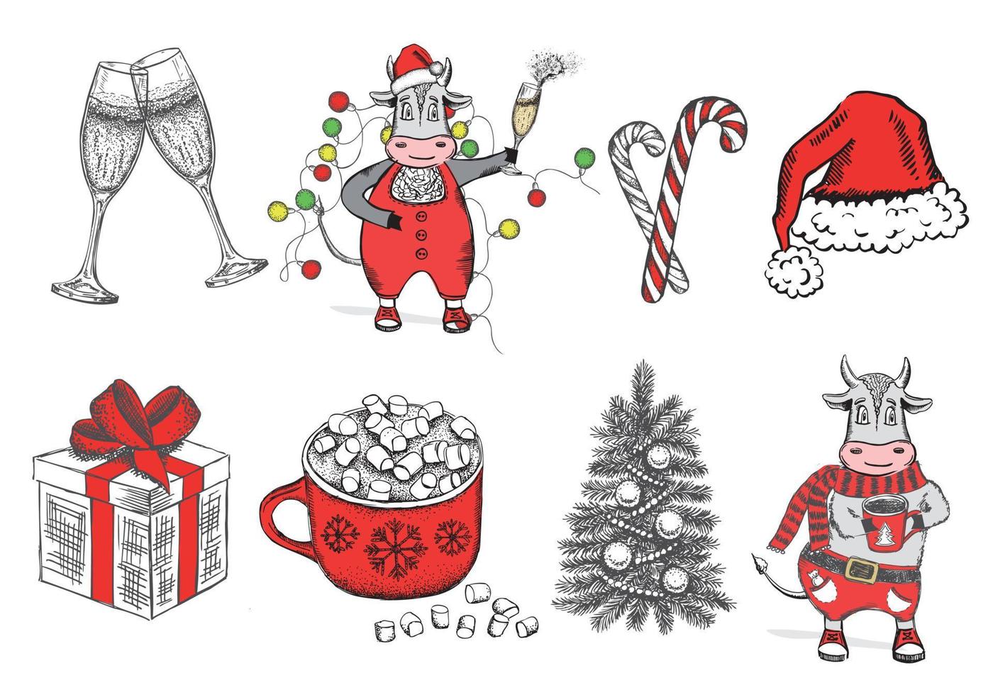 Bull, Christmas. New year illustration. Hand drawn vector. vector