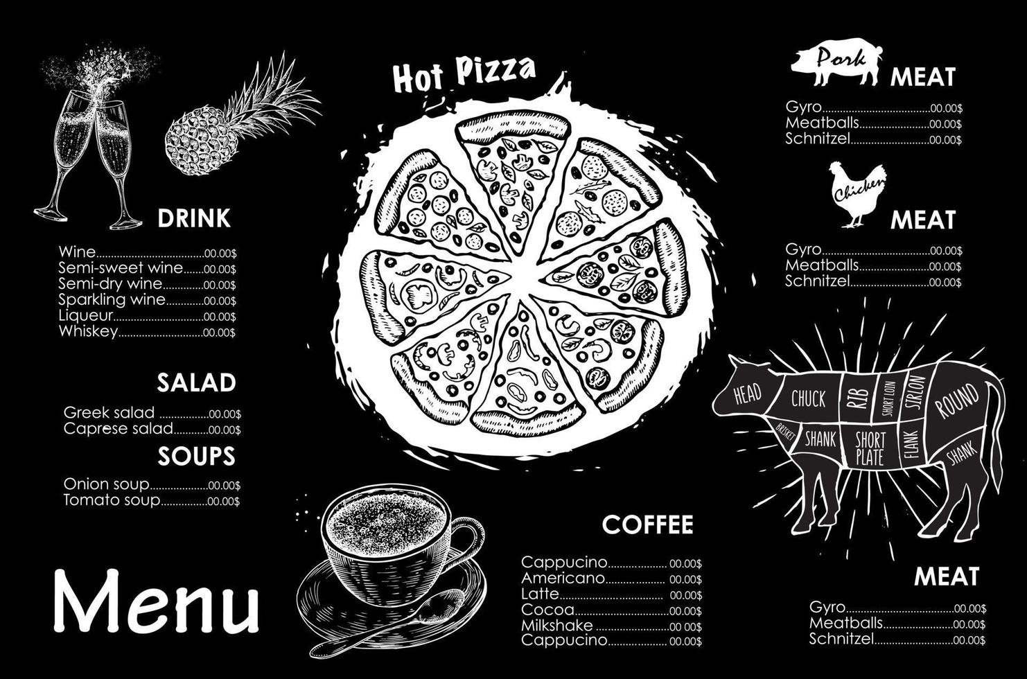 Christmas menu. Vector hand drawn illustration. Design template.