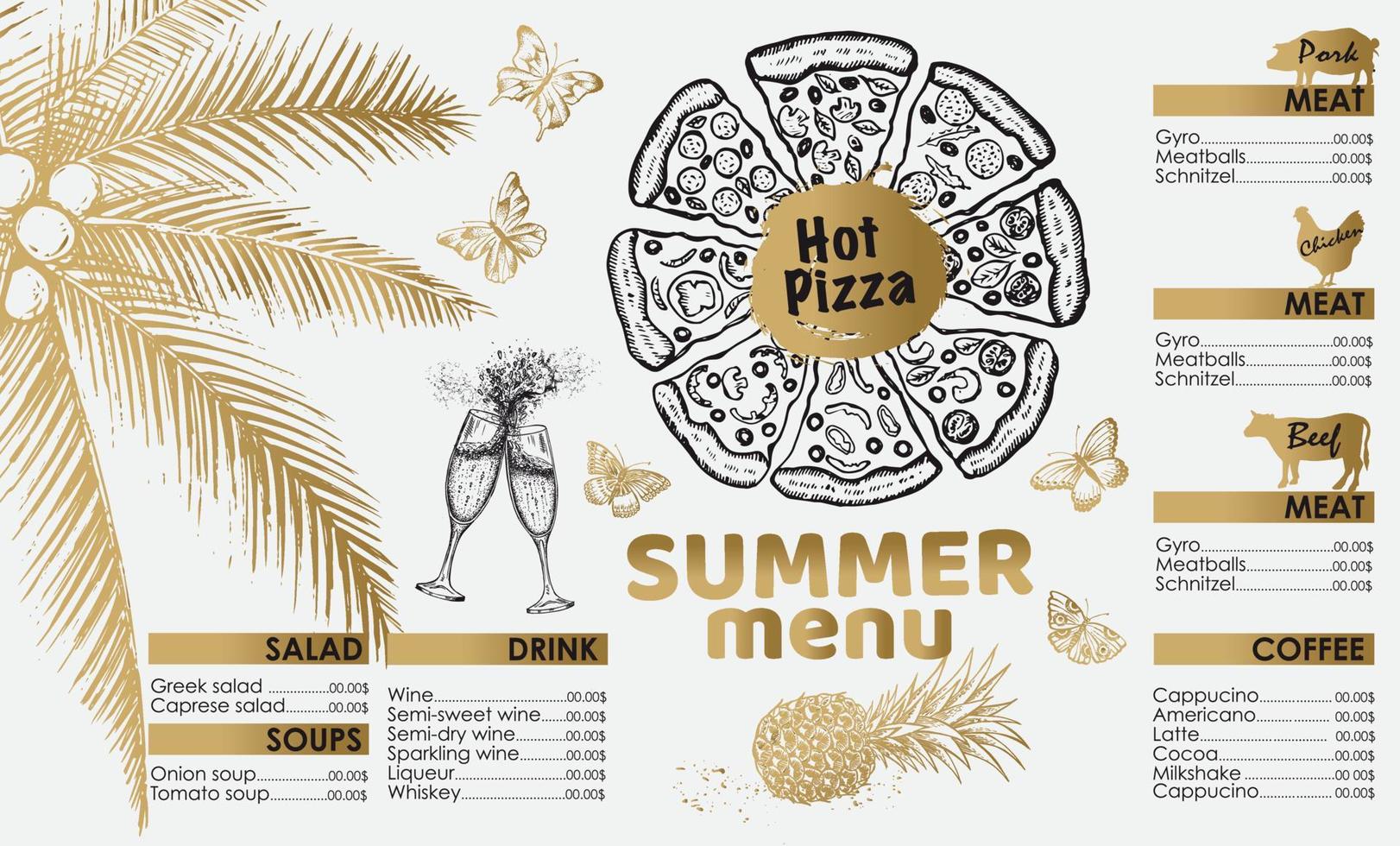Restaurant summer menu design. Hand drawn illustrations. vector