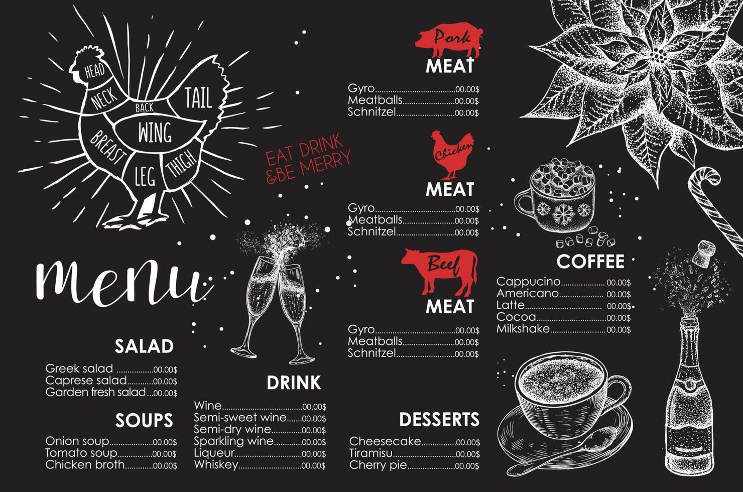 Christmas menu. Vector hand drawn illustration. Design template.