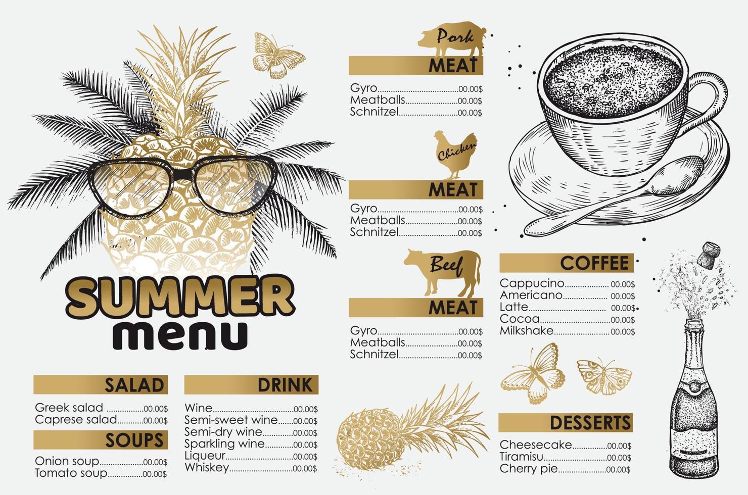 diseño de menú de verano de restaurante. ilustraciones dibujadas a mano. vector