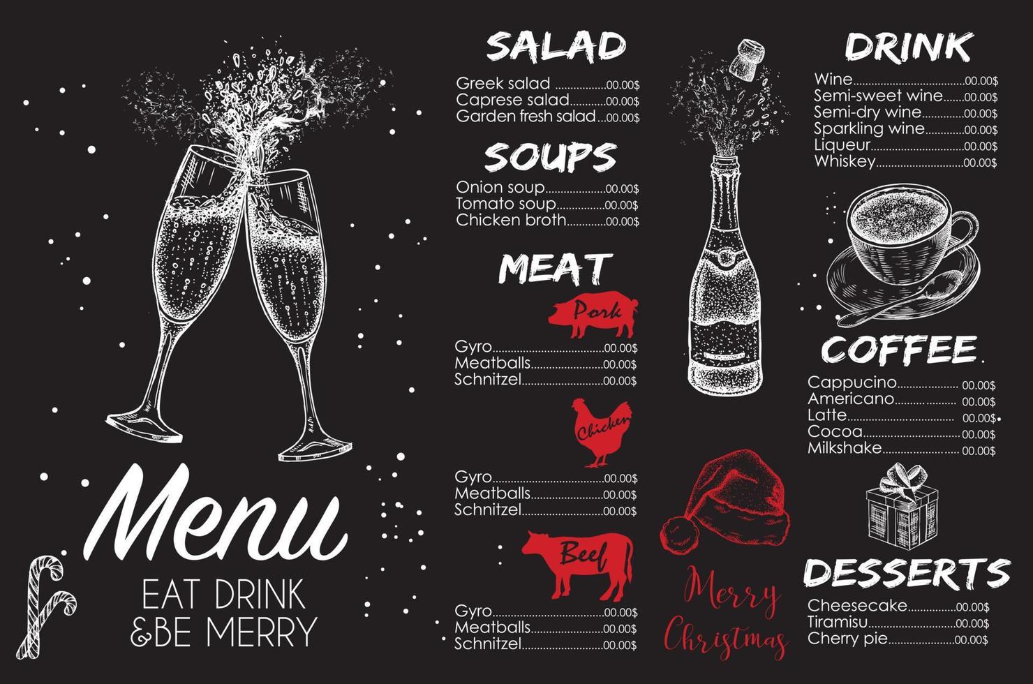 Christmas menu. Vector hand drawn illustration. Design template.