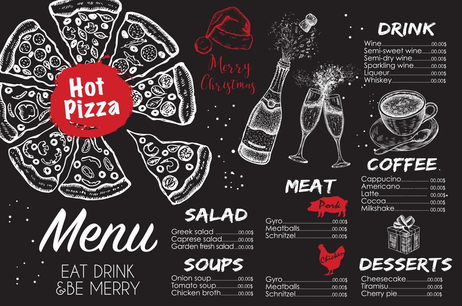 Merry Christmas menu. Design template. Vector hand drawn illustration.