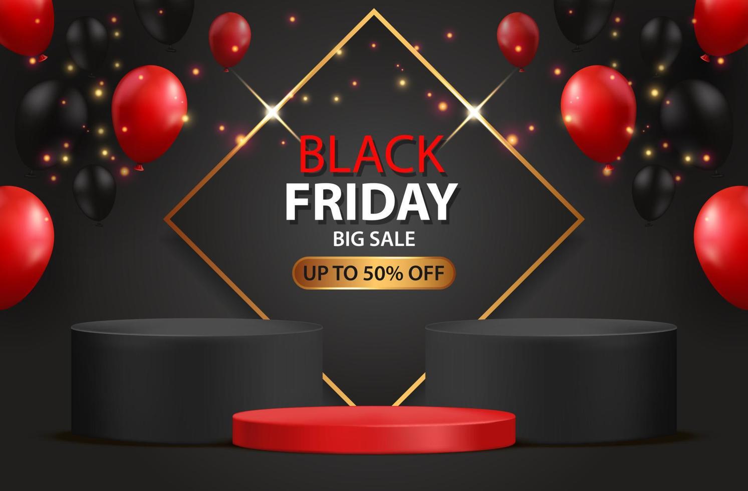 Black Friday Sale. Realistic 3d design stage podium. With Balloon Creative marketing concept. Vector illustration