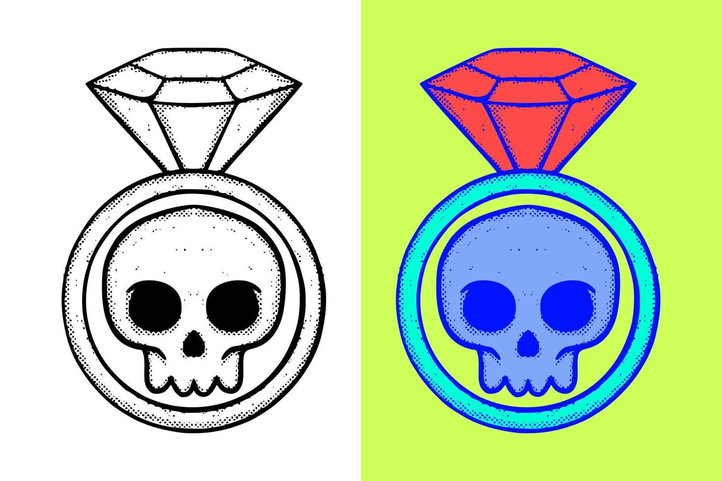 anillo de diamantes y cráneo ilustración dibujado a mano dibujos animados vector de estilo vintage