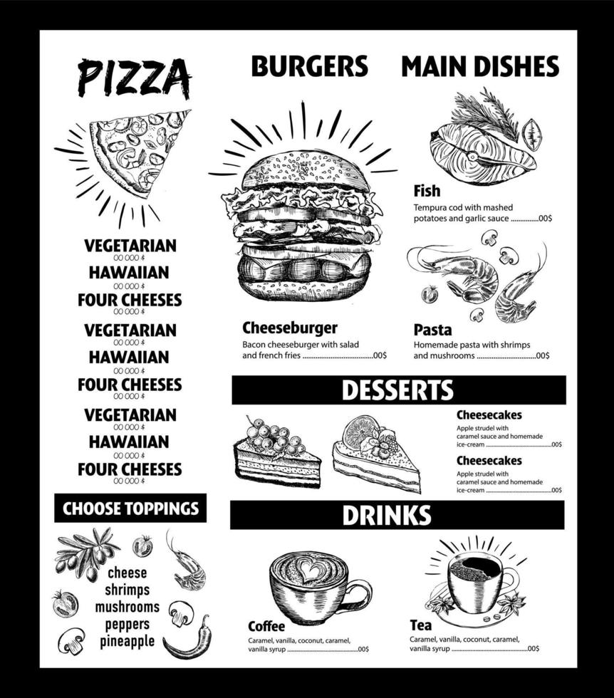 Menu restaurant brochure. Flyer with hand-drawn graphic. vector