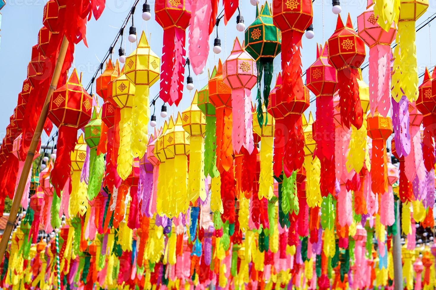 Colorful perspective view of Thai Lanna style lanterns to hang in front of the temple in hundred thousand lanterns festival, Lumphun, Thailand. photo