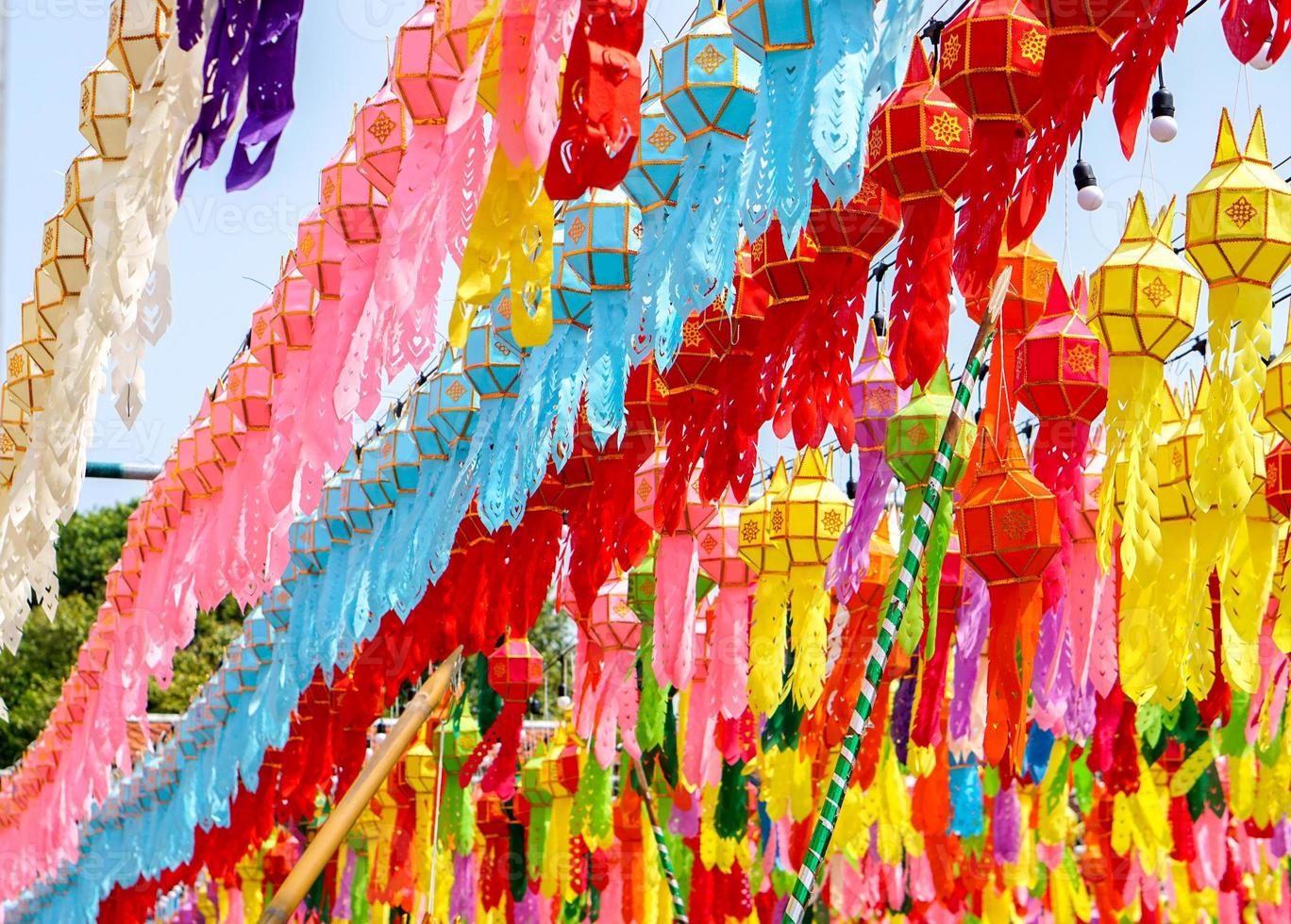 Colorful perspective view of Thai Lanna style lanterns to hang in front of the temple in hundred thousand lanterns festival, Lumphun, Thailand. photo