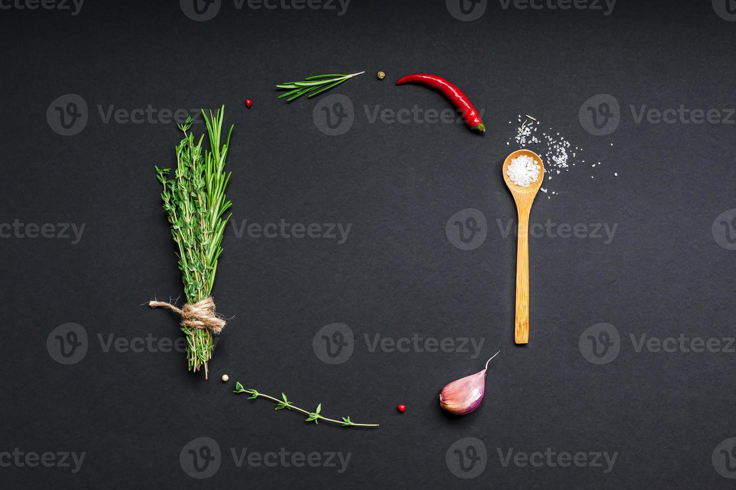 Food background with greens herbs and spices photo