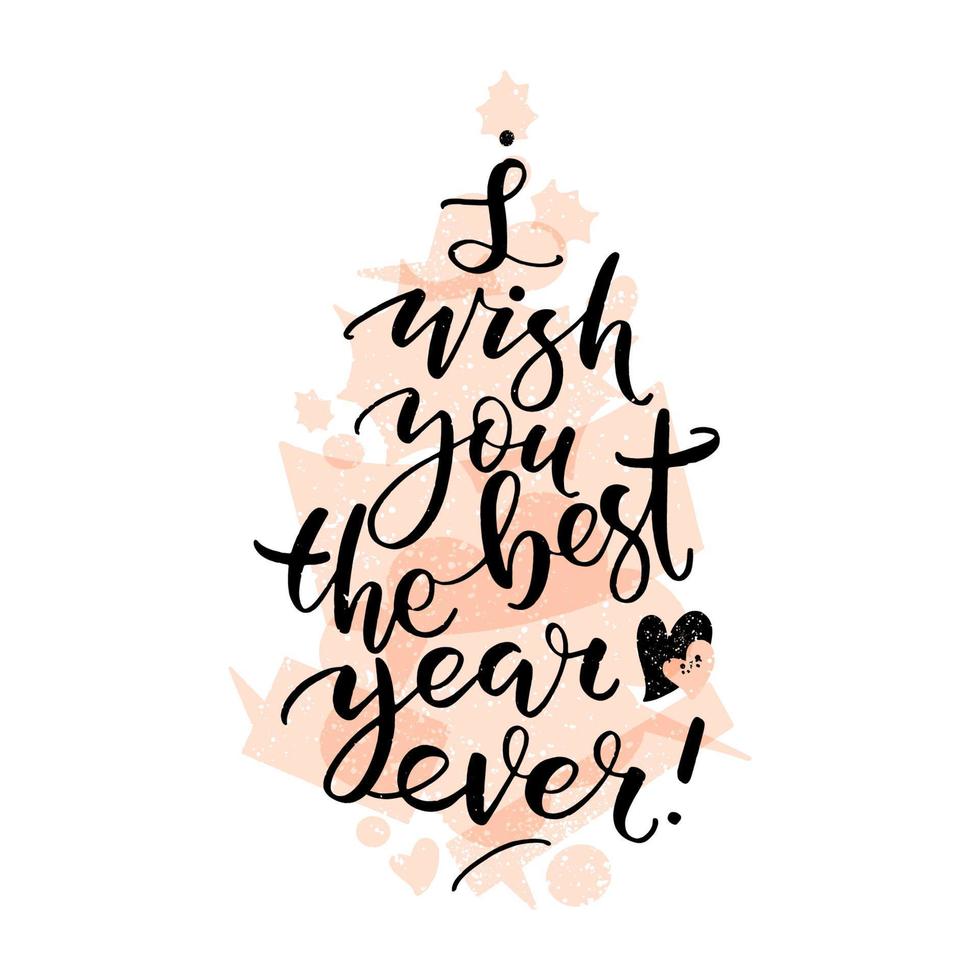 Te deseo el mejor año de la historia con letras navideñas en el fondo de abeto de color rosa desnudo. árbol de navidad de la burbuja del discurso en la tarjeta de felicitación de año nuevo. vector