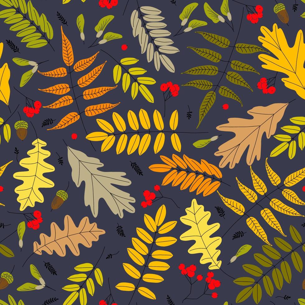 caída de hojas de otoño, bayas, semillas y bellotas de patrones sin fisuras. ilustración vectorial fondo para cubiertas textiles o de libros, papel tapiz, diseño, gráficos, impresión, pasatiempos, invitaciones. vector