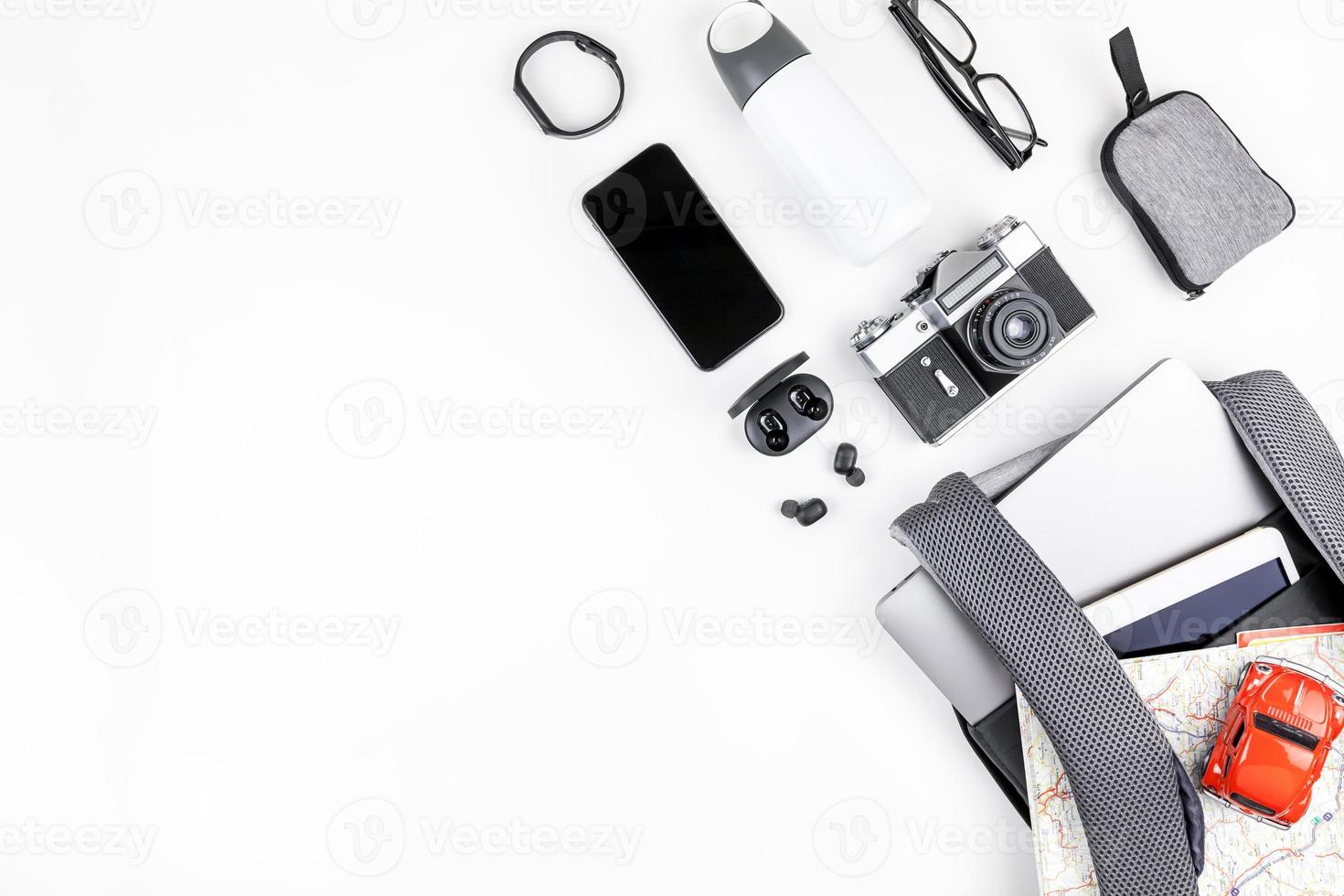 Modern backpack with laptop and tablet inside photo