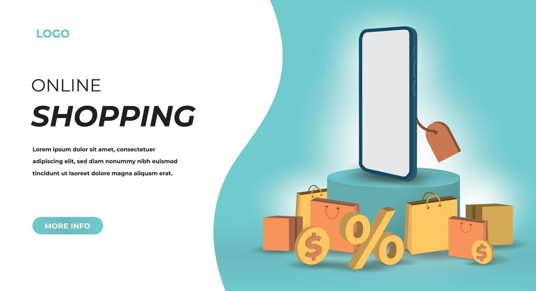 3d Online shop landing page background. realistic vector illustration. Digital marketing on website and mobile application