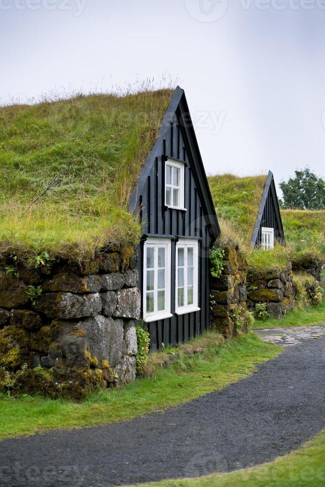 típica casa rural islandesa cubierta de maleza en el día nublado foto