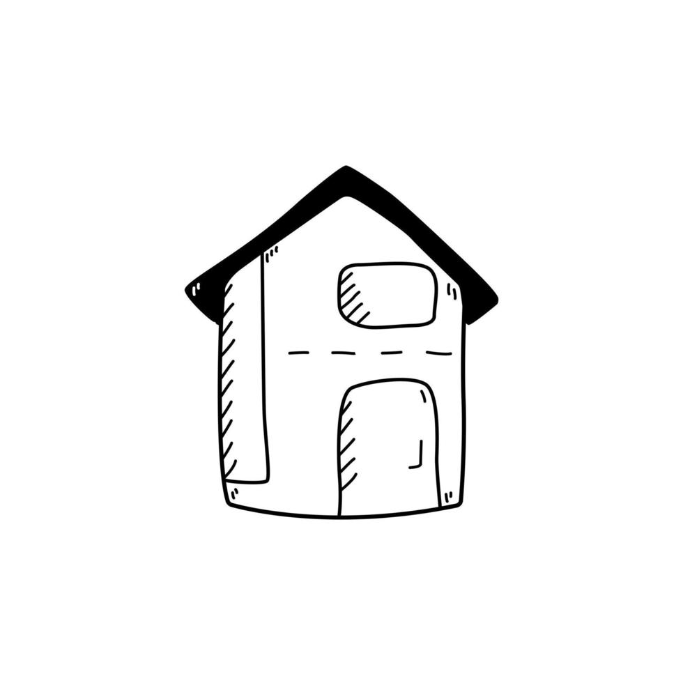 Hand drawn monochrome cute house doodle style, vector illustration isolated on white background. Black outline decorative design element, building, architecture