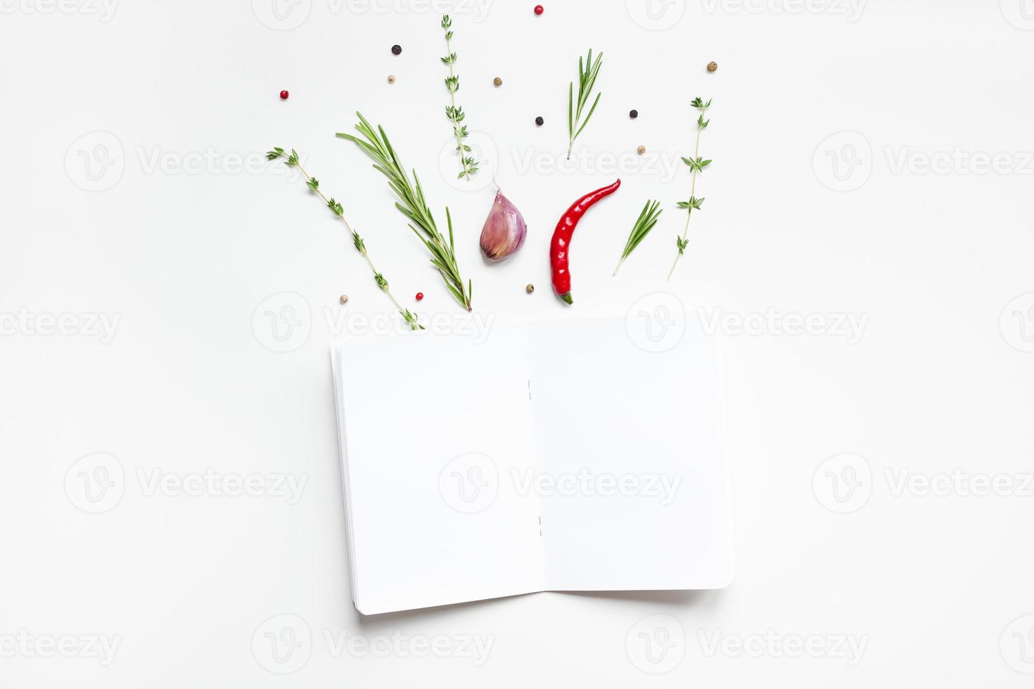Blank notepad pages with greens herbs and spices photo