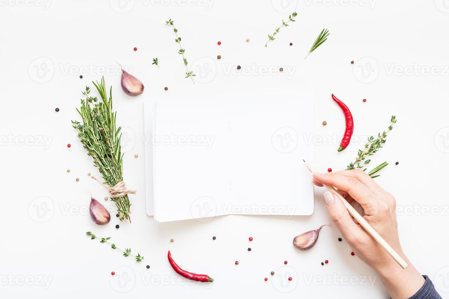 Blank notepad pages with greens herbs and spices photo